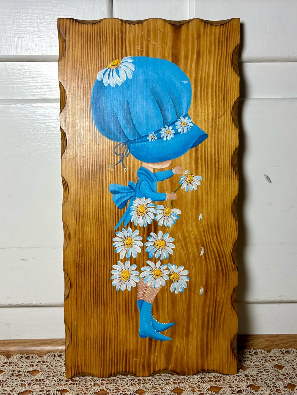 Vintage 70s Blue Daisy Holly Hobbie Hand Painted Wooden Wall Art Plaque Sign
